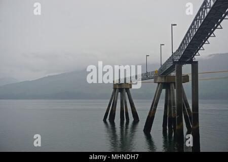 Hoonah, Alaska, Stati Uniti d'America: un vuoto DOCK navi da crociera nelle acque del porto di Frederick, in una nebbiosa mattina d'estate. Foto Stock