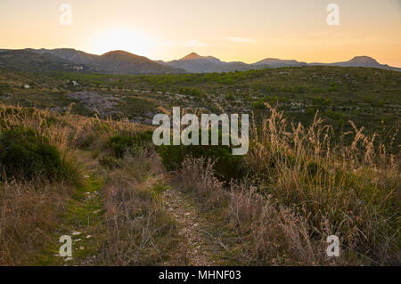 Tramonto dal sentiero nei pressi dell'agriturismo SA Duaia con vista panoramica sulle montagne di Artà (Maiorca, Isole Baleari, Spagna) Foto Stock