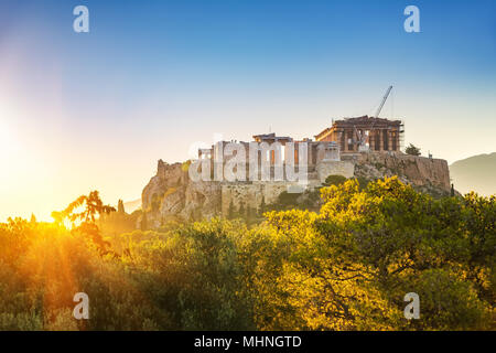 Alba sul Partenone, dall'Acropoli di Atene, Grecia Foto Stock