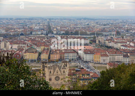 Vista di Lione dal colle Fourviere - Francia Foto Stock