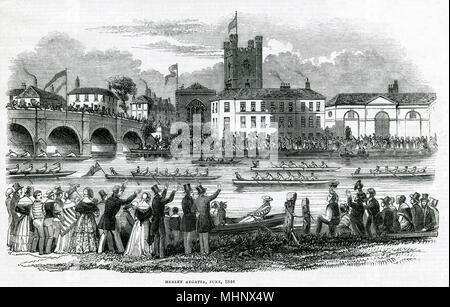 Evento annuale sul Fiume Tamigi, mostrando una folla di persone che guardano i rematori oltrepassando, istituito nel 1839, Data: giugno 1844 Foto Stock