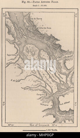 A Cachoeira de Paulo Afonso cade. São Francisco River, brasile 1885 mappa vecchia Foto Stock