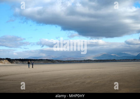 Un paio di camminare su Ynys Llanddwyn beach - Newborough warren, Anglesey North Wales con snowdonia in background Foto Stock