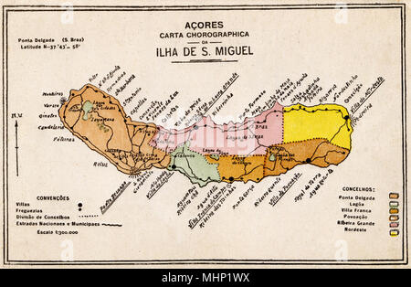 Mappa dell'isola di Sao Miguel, Azzorre, Oceano Atlantico. Data: circa 1920 Foto Stock