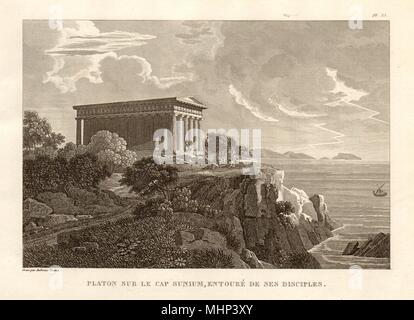 Tempio di Poseidone. Plato & i suoi discepoli a Capo Sounion. Antica Grecia 1832 Foto Stock