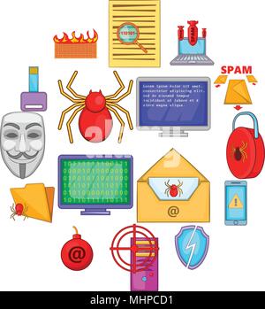 Sicurezza del computer set di icone, stile cartoon Illustrazione Vettoriale