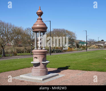 Uno dei tanti in granito rosa decorativi fontane di acqua disponibile per il pubblico generale vicino alla spiaggia e al Campo da Golf a Carnoustie in Angus, Scotlan Foto Stock