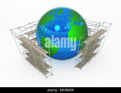 Globo terrestre 3d, circondato da impalcature, su bianco, isolato Foto Stock