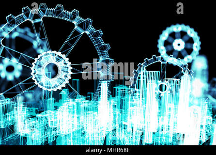 Industrial 4.0 Cyber sistemi fisici , smart city , vestitevi concetto di tecnologia . Ingranaggi Wireframe con sfondo nero. Il rendering 3d. Foto Stock