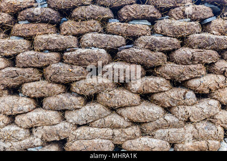 I mattoni di letame e di fieno per il riscaldamento di abitazioni in montagna Foto Stock