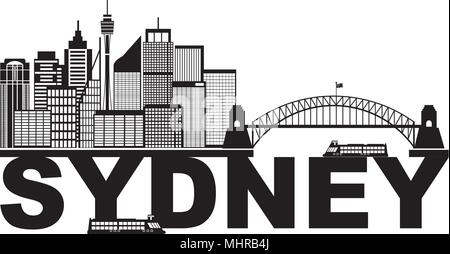 Sydney Australia Skyline Landmarks Harbour Bridge astratto nero isolato su sfondo bianco illustrazione Illustrazione Vettoriale