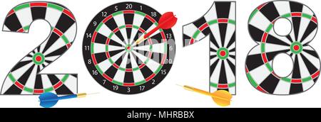 2018 Felice Anno Nuovo Dartboard con freccette sul colpire Target Bullseye numeri illustrazione Outline isolati su sfondo bianco Illustrazione Vettoriale