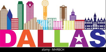 Dallas Texas City Skyline colore di contorno Silhouette Panorama con testo e Lone Star Abstract isolati su sfondo bianco illustrazione Illustrazione Vettoriale