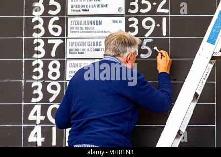 Badminton, UK. Il 3 maggio 2018. Pomeriggio Dressage. scoreboard.GBR.Mitsubishi Badminton Horse Trials. Badminton. Regno Unito. {03}/{05}/{2018}. Credito: Sport In immagini/Alamy Live News Foto Stock