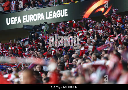 Madrid, Madrid, Spagna. Il 3 maggio, 2018. Atletico sostenitori visto durante la UEFA Europa League Semi Finale seconda gamba match tra Atletico de Madrid e Arsenal FC a Wanda Metropolitano Stadium di Madrid in Spagna.punteggio finale Credito: Manu Reino/SOPA Immagini/ZUMA filo/Alamy Live News Foto Stock