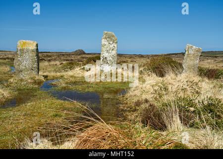 Boskednan Stone Circle, noto anche come nove fanciulle si siede il cerimoniale di paesaggio del West Penwith è vicino agli uomini un Tol e Carn Galva Foto Stock