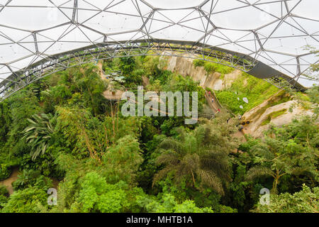 Progetto Eden guardando verso il basso a partire da una piattaforma di osservazione presso l'antenna sentieri nella foresta pluviale biome. Foto Stock