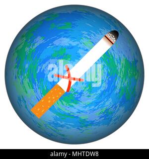 Celebra la Giornata Mondiale senza tabacco. Concetto di evento. Il 31 maggio. La sigaretta è barrata con una croce rossa. Sfondo - il pianeta Terra, isolato su un bianco Illustrazione Vettoriale