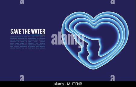 Salvare il concetto d'acqua. Acqua blu gradiente nella forma del concetto di cuore.. Illustrazione Vettoriale