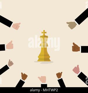 Re di scacchi con simbolo con molti pollici in su le mani su sfondo.business e strategia di marketing. Il successo e il raggiungimento concetto.personaggio dei fumetti.B Illustrazione Vettoriale