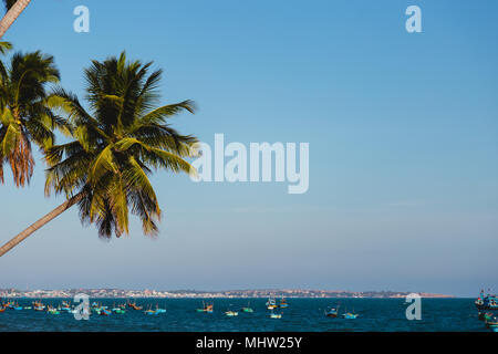 Gli alberi di cocco tratto nel mare, Vietnam, Mui ne Foto Stock