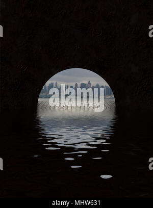 Città visto dalla apertura a tunnel Foto Stock