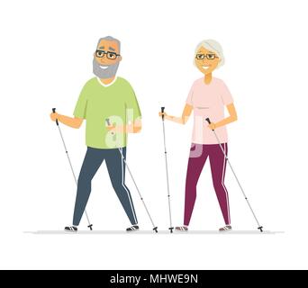 Nordic walking - cartoon persone isolate di carattere illustrativo Illustrazione Vettoriale