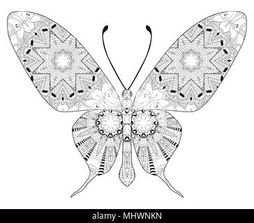 Butterfly zentangle stile con linee pulite per il libro da colorare per anti stress, T-shirt design, tattoo e altre decorazioni Illustrazione Vettoriale