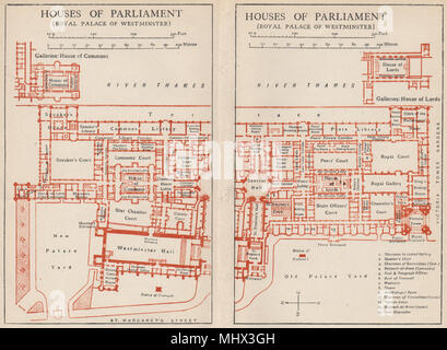 Le case del parlamento (Palazzo di Westminster) . Vintage map piano. Londra 1947 Foto Stock