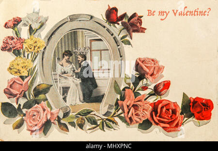 Vintage valentine card del 1915 con amorevole matura in immagine a ferro di cavallo con le rose e il testo 'Essere il mio Valentino? Foto Stock