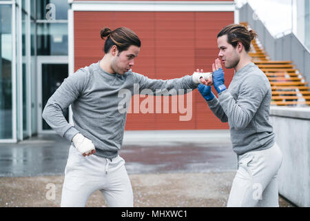 Identica maschio adulto twin boxer formazione all'aperto, la pratica di punzoni Foto Stock