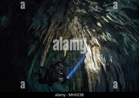 Maschio sub immersioni nel fiume sotterraneo (cenote) con stalattiti formazioni rocciose, Tulum, Quintana Roo, Messico Foto Stock