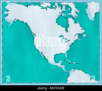 Mappa del Nord America, tracciata illustrata i tratti di pennello, mappa geografica, fisica. Cartografia, Atlante geografico Foto Stock