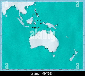 Mappa di Oceania, tracciata illustrata i tratti di pennello, mappa geografica, fisica. Cartografia, Atlante geografico Foto Stock