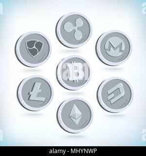 Cryptocurrency set di icone. Moneta di crittografia. Bitcoin, Dash, Ethereum, litecoin, monero, nem ripple monete d'argento. La tecnologia finanziaria. Cu digitale Illustrazione Vettoriale