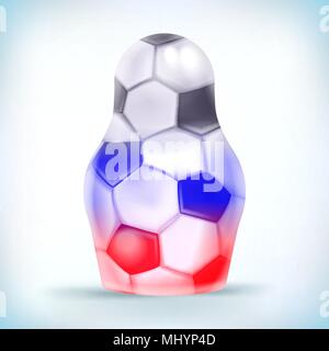 Calcio 2018 Russia. Bambola di nidificazione nella sfera texture realistica vettore isolato illustrazione. Campionato del Mondo di calcio sulla tazza di bianco. Elemento per des Illustrazione Vettoriale