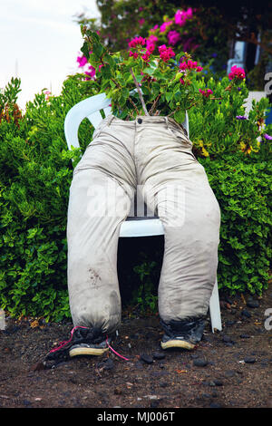 Eccentrico e originale vaso decorativo idea per il giardinaggio fatta di un pantalone seduto su una sedia Foto Stock