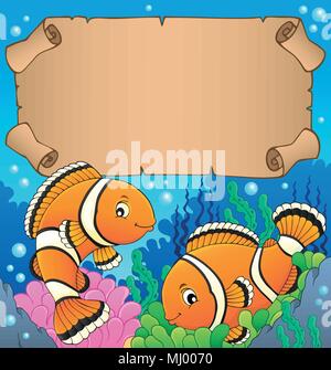 Piccola pergamena con clownfish tema - eps10 illustrazione vettoriale. Illustrazione Vettoriale