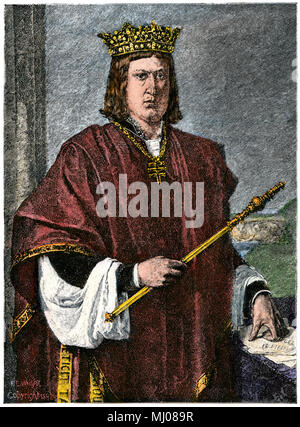 Ferdinando II, la Cattolica, re di Aragona. Colorate a mano la xilografia Foto Stock