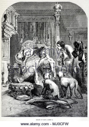 La morte del re Giacomo I, 1566 - 1625, re di Scozia come Giacomo VI da 1567 e Re di Inghilterra e Irlanda come James mi da l'unione di Scottish e corone in inglese su 24 Marzo 1603 fino alla sua morte nel 1625, antichi illustrazione circa dal 1880 Foto Stock