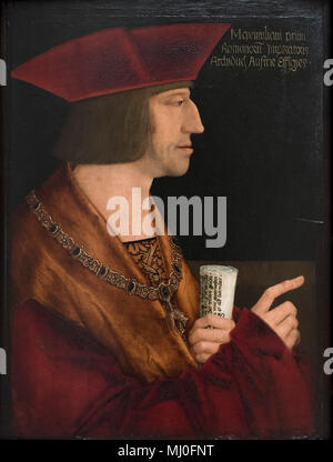 Bernhard Strigel (ca.1460-1528), Ritratto di Massimiliano I, Imperatore del Sacro Romano Impero (1459-1519), con una rotellina di scorrimento, ca.1515. Kaiser Maximilian I Foto Stock