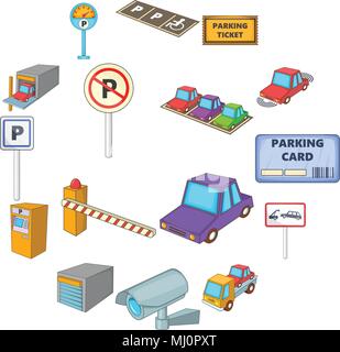 Parcheggio le icone degli elementi del set, stile cartoon Illustrazione Vettoriale