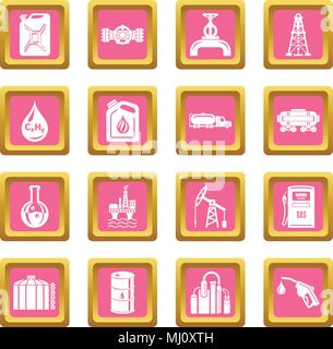 Industria petrolifera set di icone rosa vettore quadrato Illustrazione Vettoriale