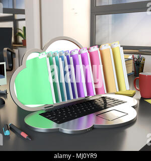 Le cartelle a saltare da un computer è conformato come una nuvola in un ufficio, rendering 3D Foto Stock