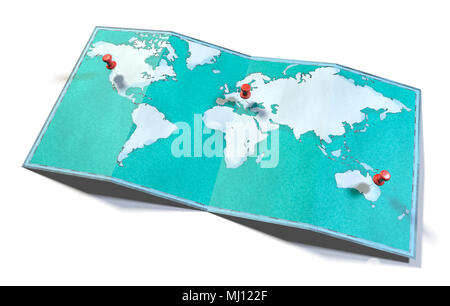 Mappa mondo disegnati a mano, illustrata la pennellata mappa geografica, fisiche. Segnaposto sulla mappa. Spikes bloccata in posizione sulla mappa Foto Stock