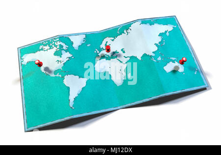 Mappa mondo disegnati a mano, illustrata la pennellata mappa geografica, fisiche. Segnaposto sulla mappa. Spikes bloccata in posizione sulla mappa Foto Stock