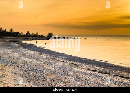 Oland, Svezia. Due pescatori di trote in piedi la baia su una bella serata appena dopo il tramonto. Piccolo faro in background. Foto Stock