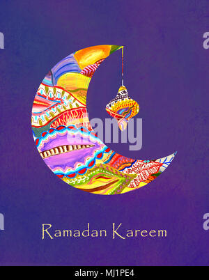 Biglietto di auguri del Santo mese musulmano Ramadan. Ornati in luna crescente con l'arabo o Lampada Lanterna ed elegante il testo su sfondo blu Foto Stock
