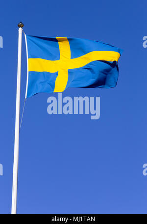 Bandiera svedese issato su un pennone contro un cielo blu. Foto Stock