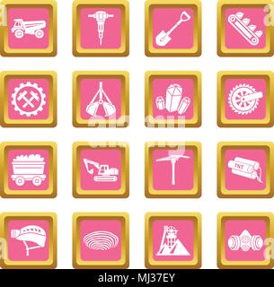 Miniera di carbone di set di icone rosa vettore quadrato Illustrazione Vettoriale